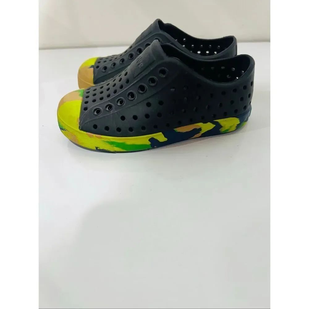 Native Jefferson Marbled Kids Shoes Jiffy Black/Grasshopper Green/Marble C8 Chil